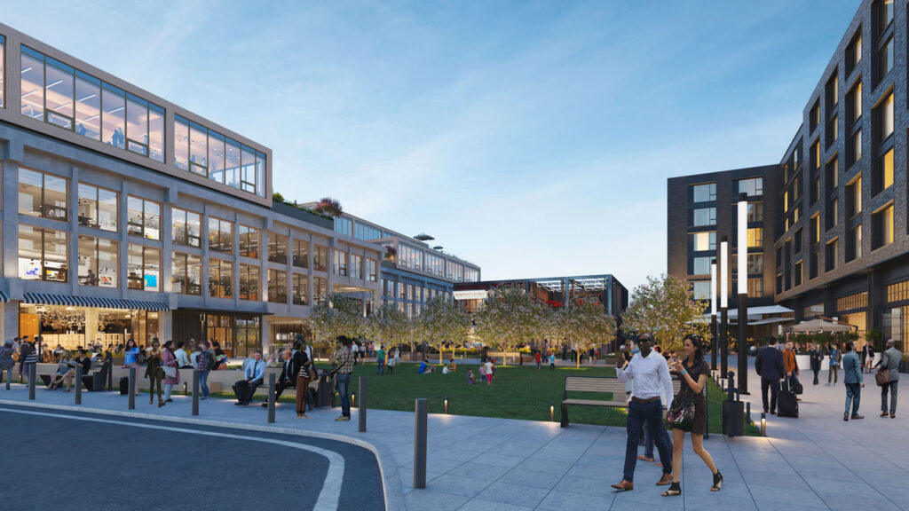 People walking around mixed-use development Campus 244